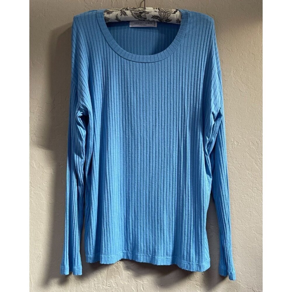 Sonnet James A Play Dress Long Sleeve Tunic Shirt Top Sz Large Ribbed Knit Blue